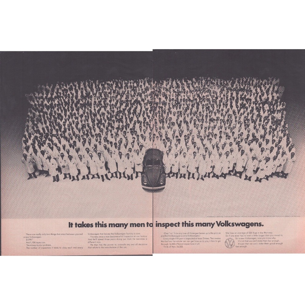 Vintage 1960s Volkswagen Beetle Two Page Print Ad VW Inspectors Quality Control